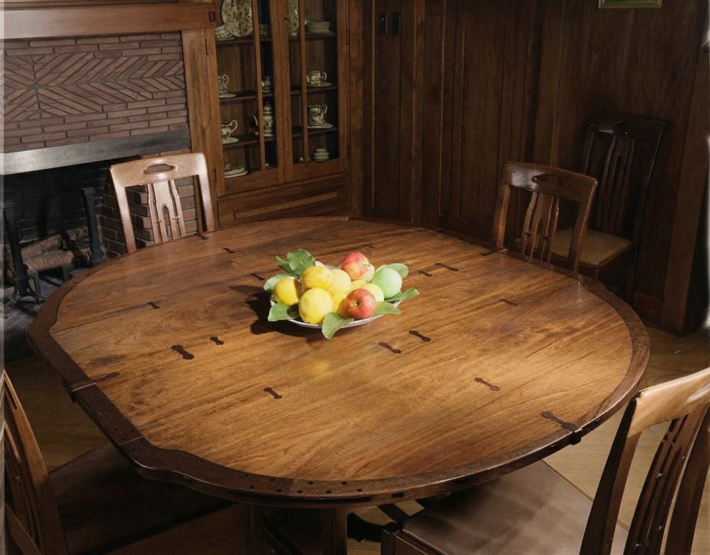 The mahogany dining table from the Charles M. Pratt House seen from above, its top locked with dark ebony spline keys and breadboard ends, holding a bowl of fruit, before a herringbone-brick fireplace and glass-front china cabinets.